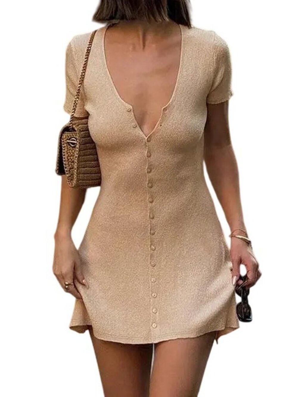 Women Sexy Deep V Neck Button Front Knit Mini Dress Elegant Short Sleeve Ribbed